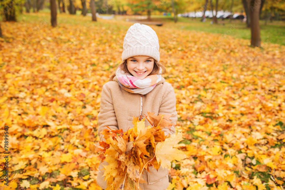 smiling little girl with autumn leaves in park smiling little girl with autumn leaves in park