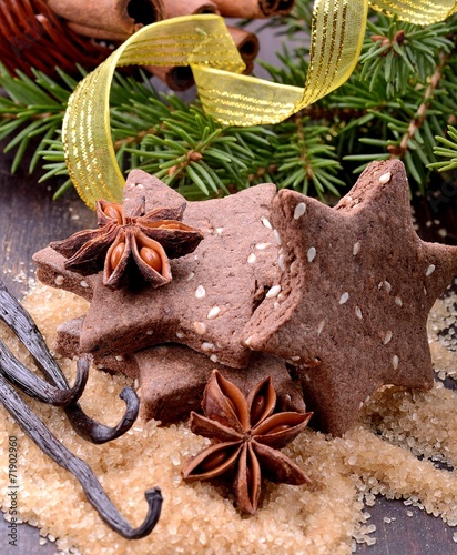 Chocolate homemade Christmas cookies in the shape of stars with