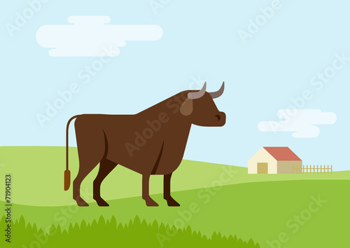 Bull farm grass field habitat flat design cartoon vector animal