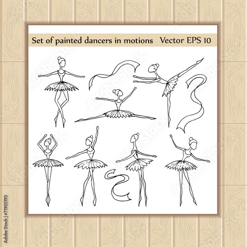 Vector set of painted cartoon dancers in motions