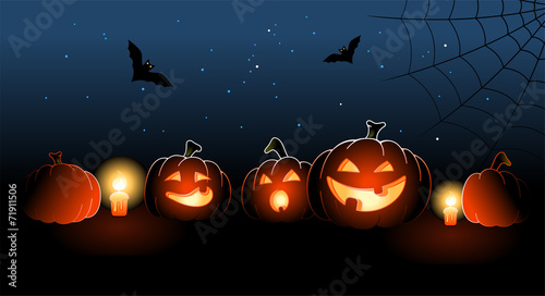 Illustration of five halloween pumpkins with candles