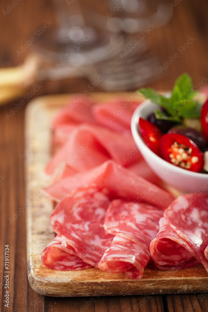 antipasti Platter of Cured Meat, jamon, olives, sausage, salam antipasti Platter of Cured Meat, jamon, olives, sausage, salam