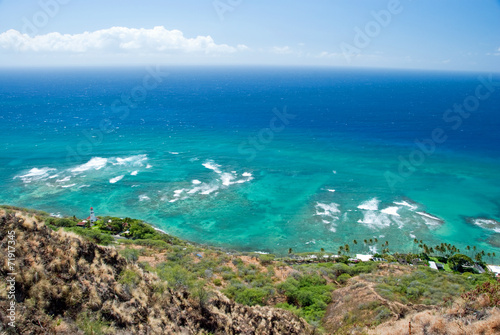 Aerial view of Diamond head lighthouse with azure ocean in backg