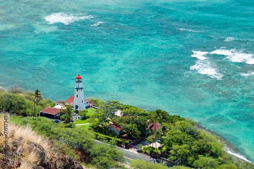 Aerial view of Diamond head lighthouse with azure ocean in backg