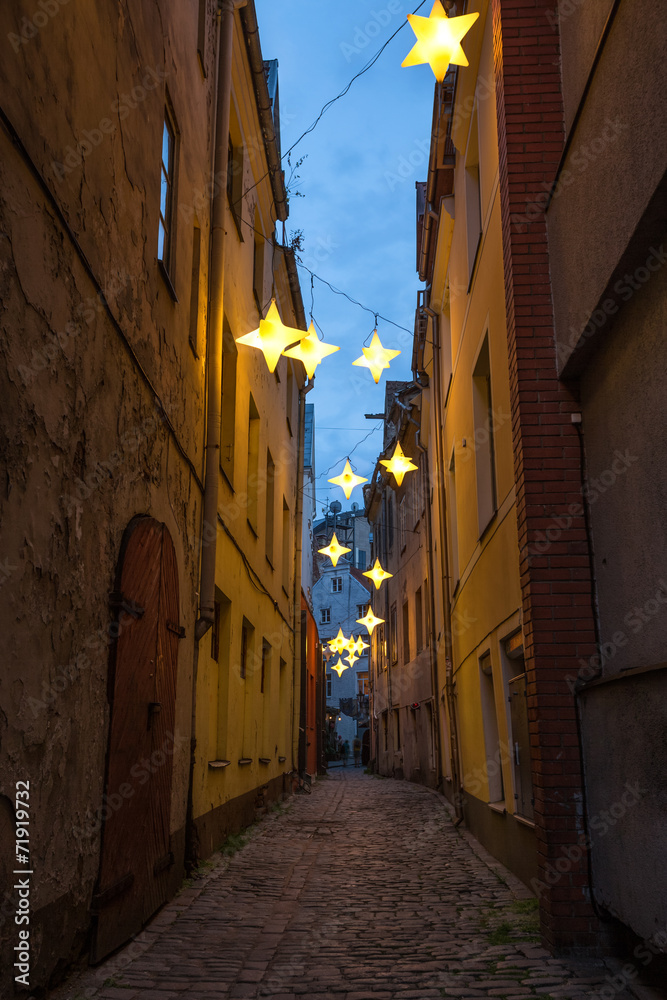 Narrow street in old center of Riga, Latvia