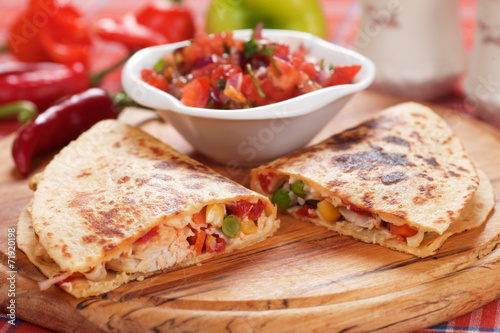 Quesadillas with chicken meat and vegetables