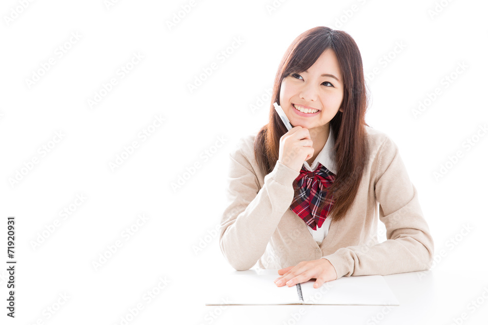 young asian woman studying on white background young asian woman studying on white background