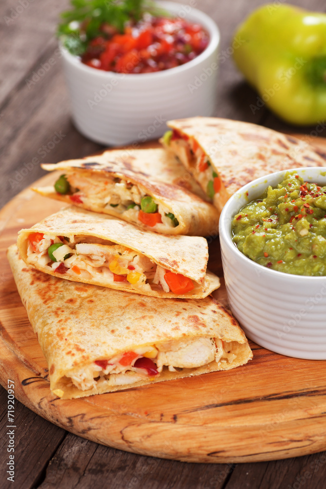 Quesadillas with chicken meat and vegetables