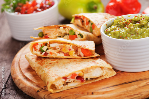 Quesadillas with chicken meat and vegetables photo