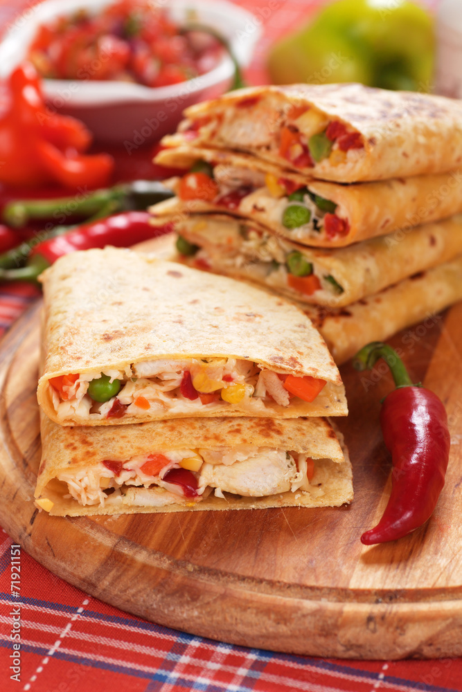 Quesadillas with chicken meat and vegetables Quesadillas with chicken meat and vegetables