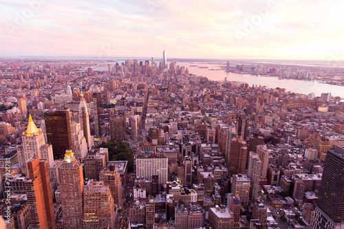aerial view of new york city at sunset