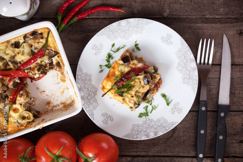 Moussaka dish with aubergine and chili pepper Moussaka dish with aubergine and chili pepper