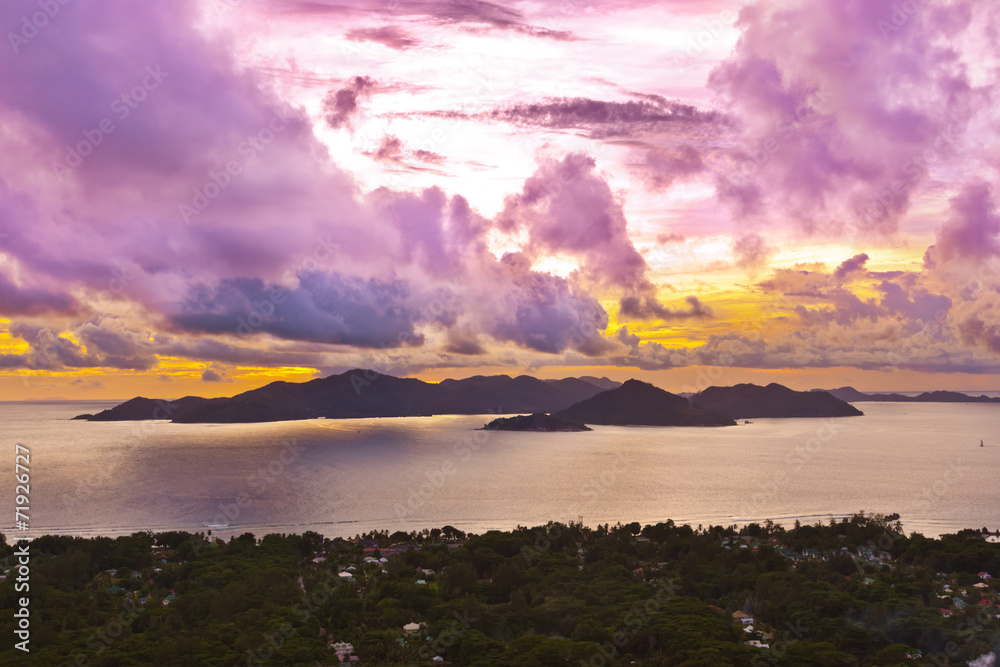 Island Praslin Seychelles at sunset