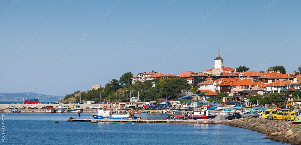 Panoramic view of ancient town on the Black Sea coast. Nesebar,