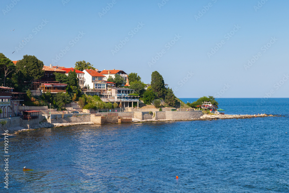 Coastal view of ancient town Nesebar, Bulgaria, Black Sea coast