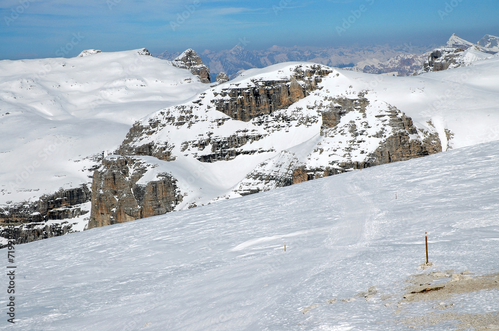 Dolomites mountains at winter, ski resort in Italy