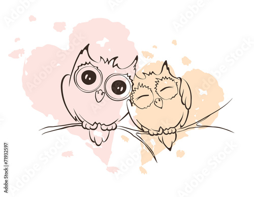 Illustration - love owls on a branch