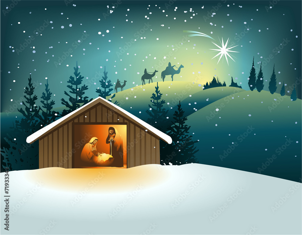 Christmas nativity scene with holy family - obrazy, fototapety, plakaty 