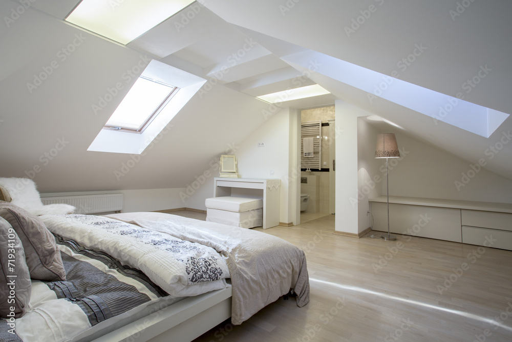 Bedroom connected with bathroom in the attic - obrazy, fototapety, plakaty 