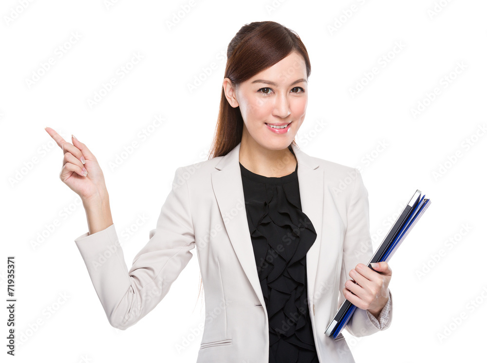 Businesswoman with clipboard and finger point up Businesswoman with clipboard and finger point up