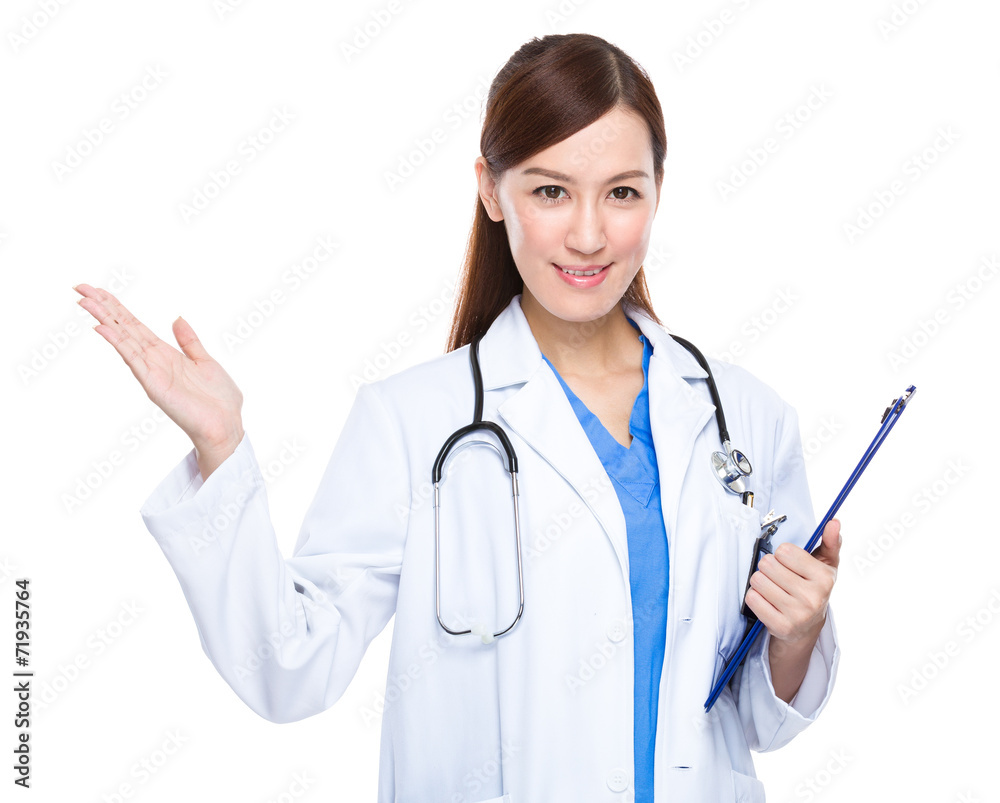 Doctor with clipboard with hand show with blank sign Doctor with clipboard with hand show with blank sign