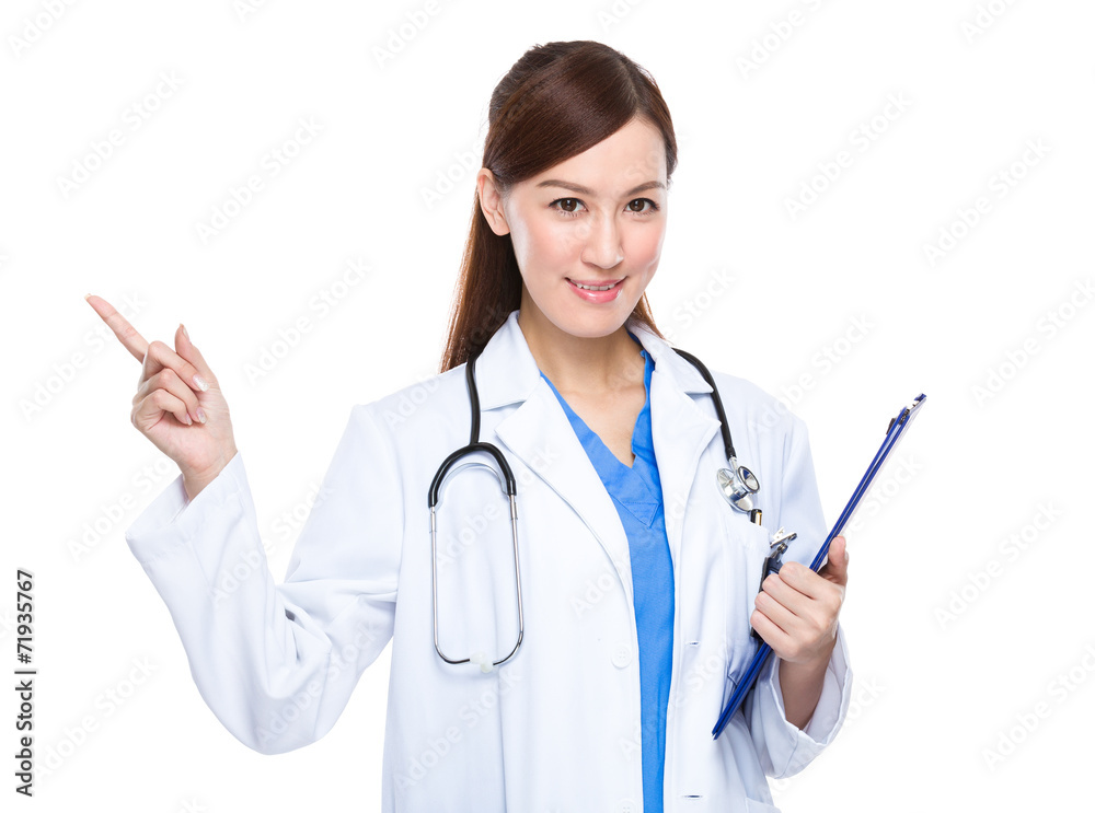Doctor with clipboard with finger point up Doctor with clipboard with finger point up