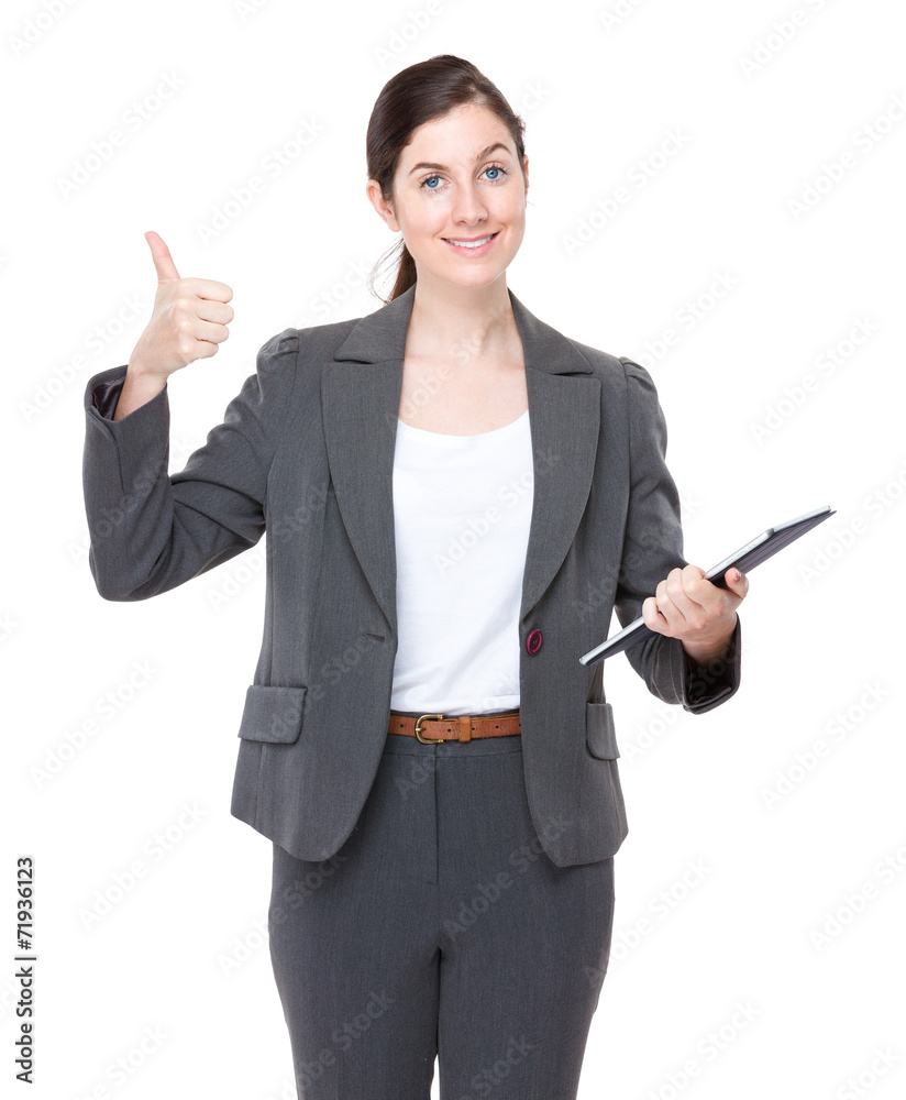 Businesswoman with tablet and thumb up Businesswoman with tablet and thumb up