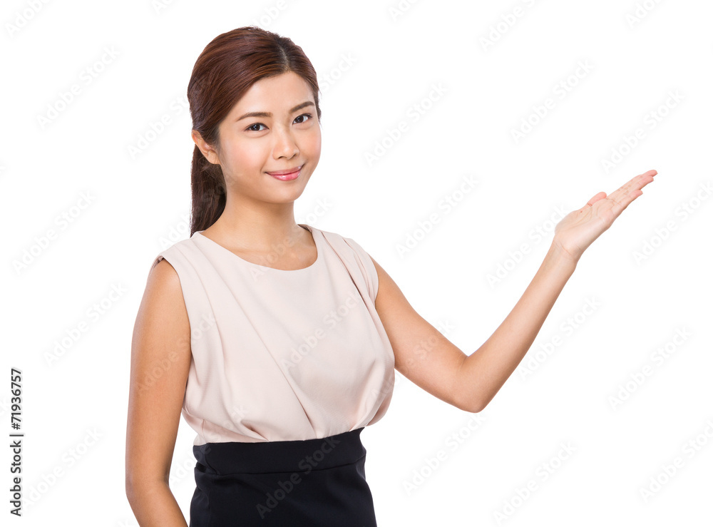 Woman with hand show with blank sign Woman with hand show with blank sign