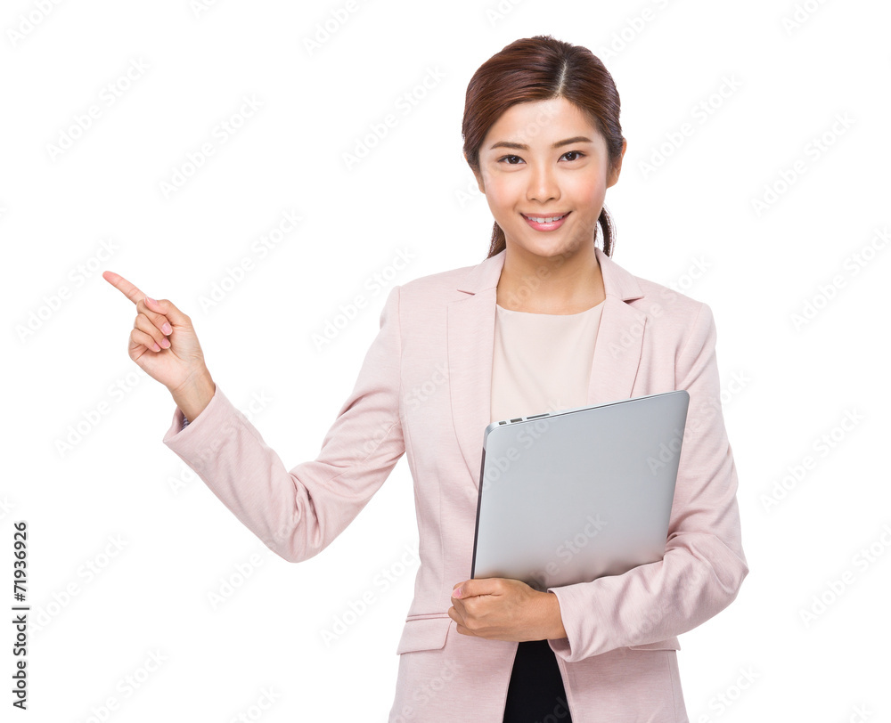 Asian businesswoman with laptop computer and finger point up Asian businesswoman with laptop computer and finger point up