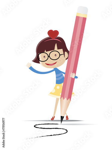 A cute girl writing by using the big pencil