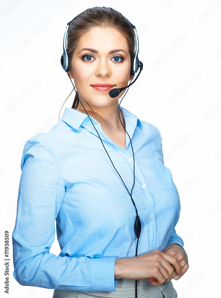 Young smiling business woman talking with microphone. Young smiling business woman talking with microphone.