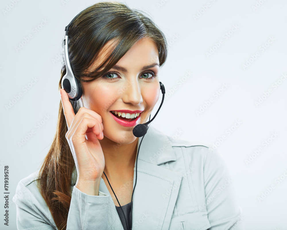 Portrait of woman customer service worker, call center smiling Portrait of woman customer service worker, call center smiling