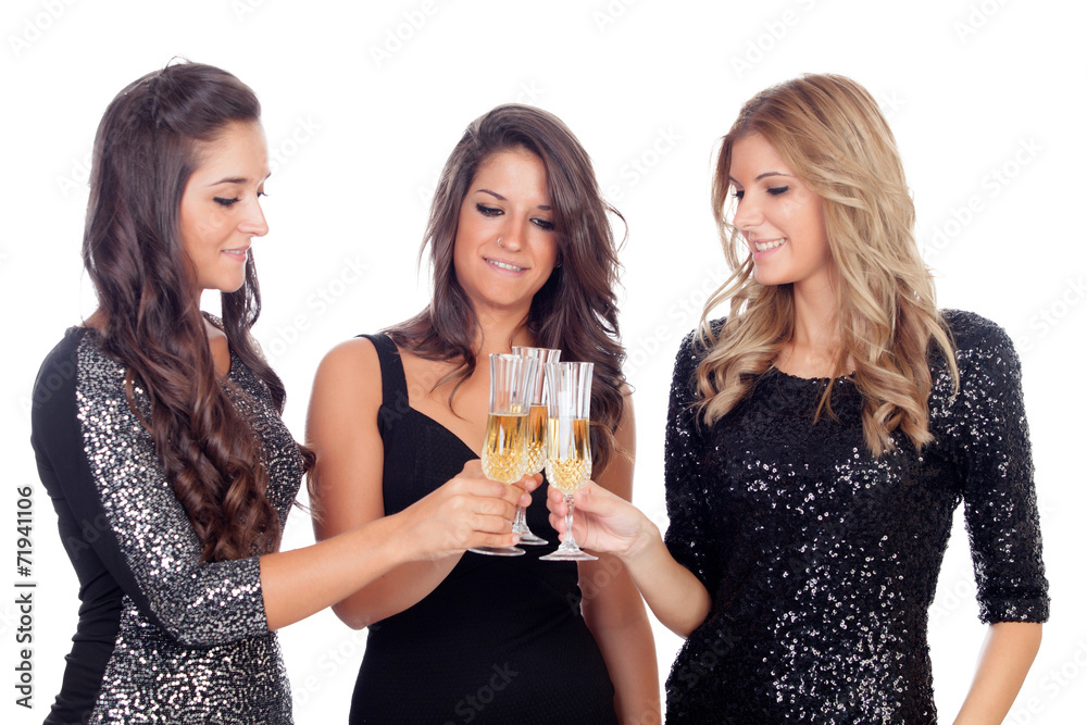 Three friends with sparkling dresses toasting - obrazy, fototapety, plakaty 