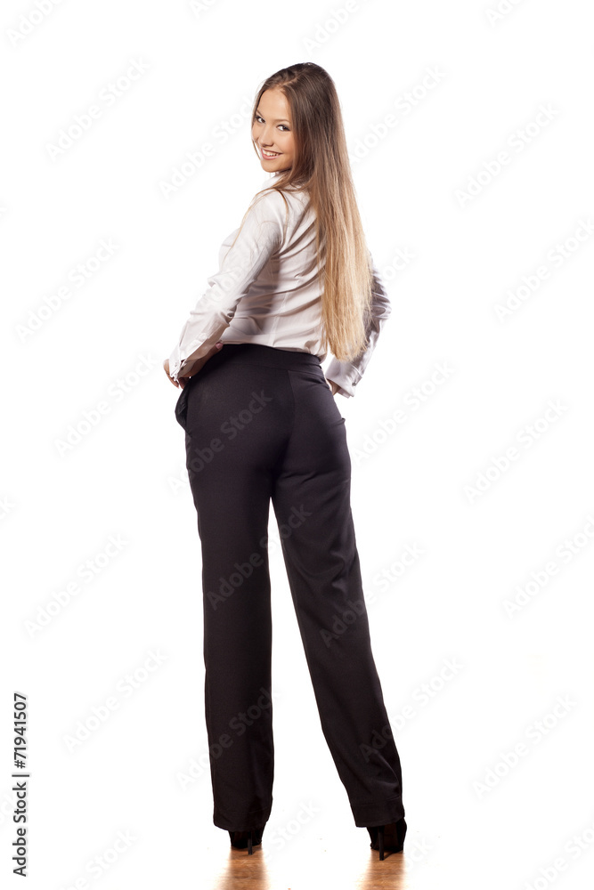 back view of young business woman with long hair back view of young business woman with long hair