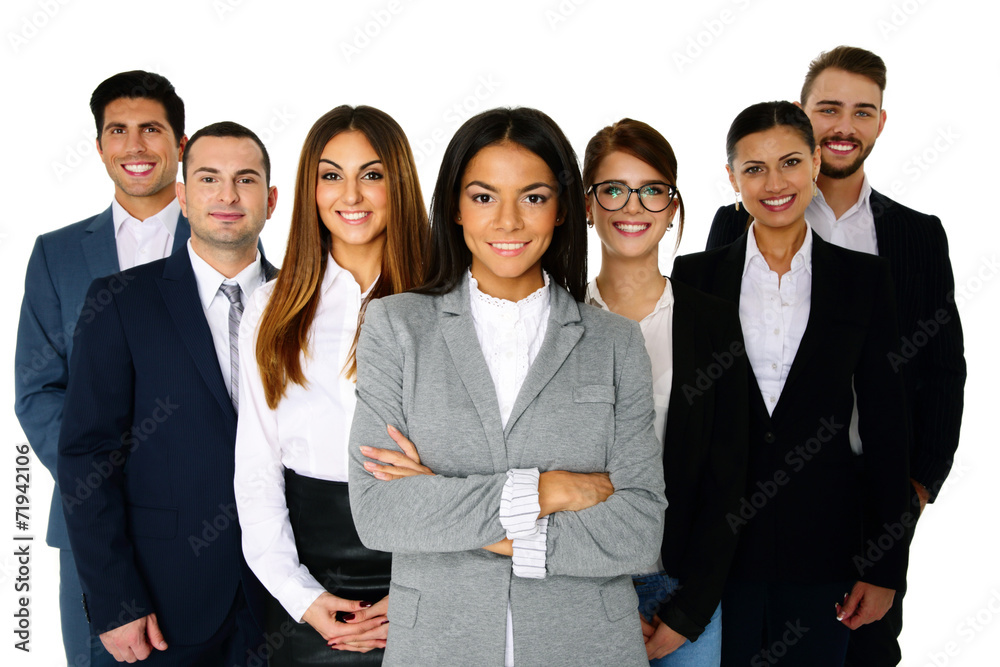 Smiling woman leading her happy team over white background