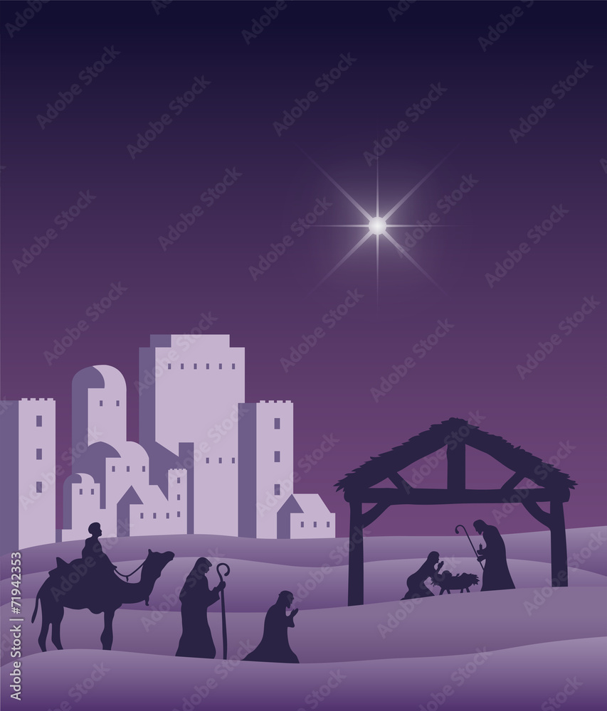 Nativity scene vector under starry sky