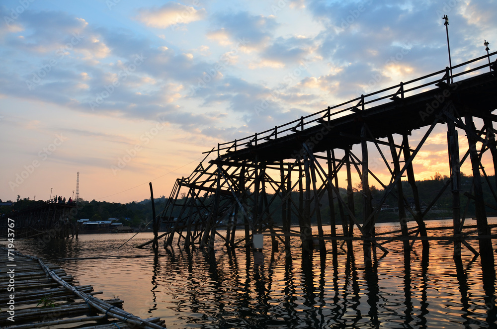 Saphan Mon wooden bridge Broken at Sunset time
