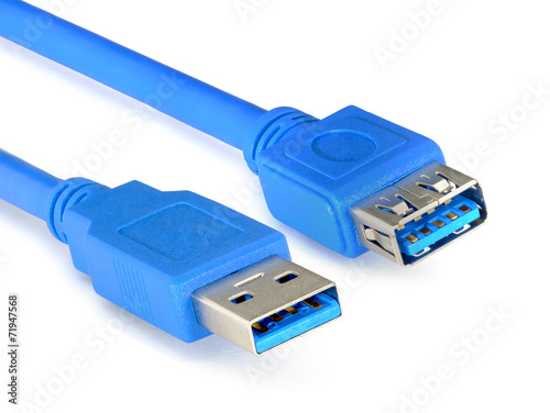 Blue usb 3.0 cable isolated on white background. Macro image
