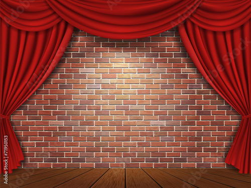 Red curtains on brick wall background