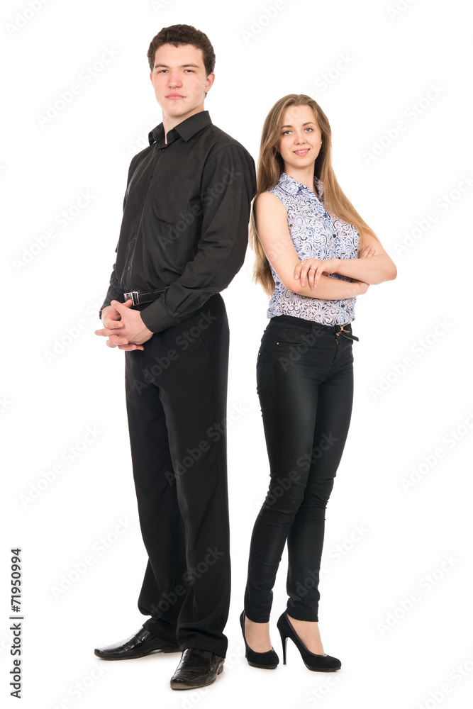 Business man and woman standing isolated on white background. Business man and woman standing isolated on white background.