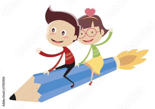 Cute children sitting on flying pencil