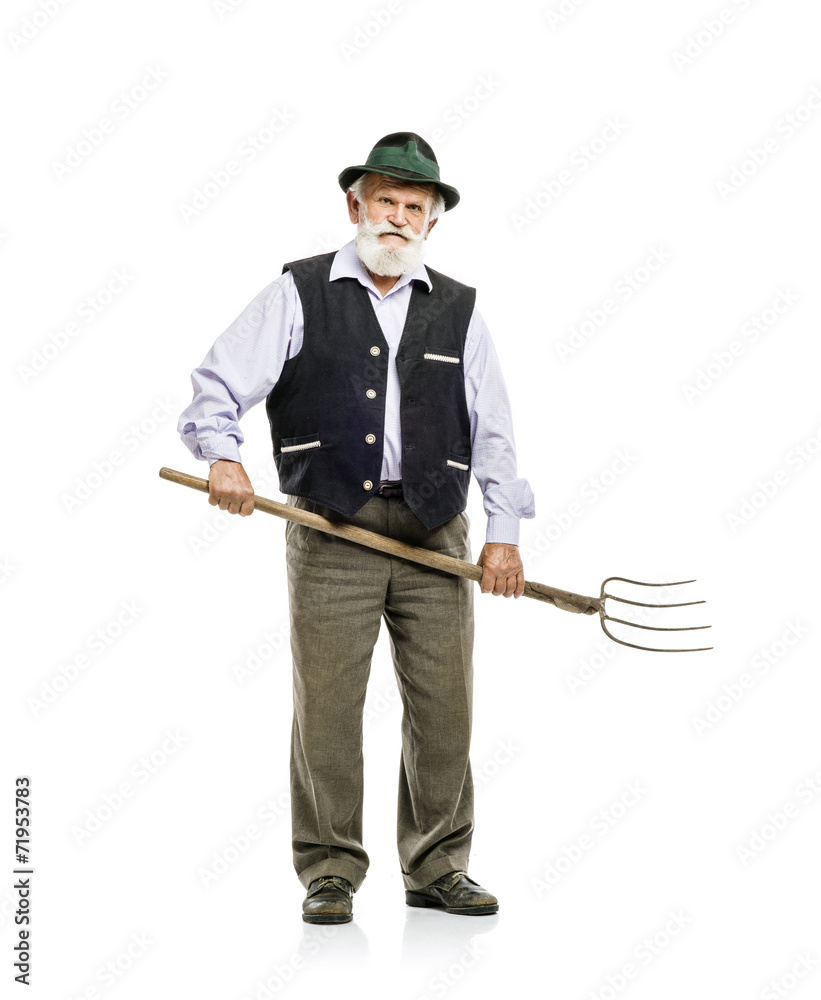Old man with pitchfork isolated Old man with pitchfork isolated
