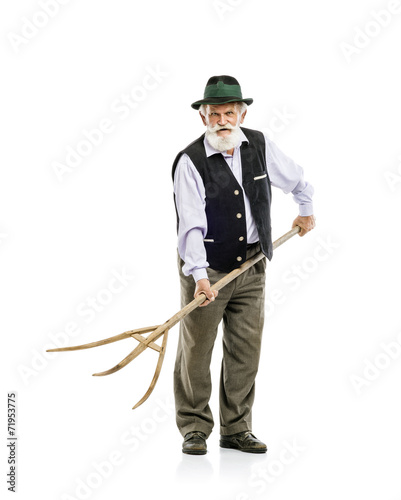 Old man with pitchfork isolated