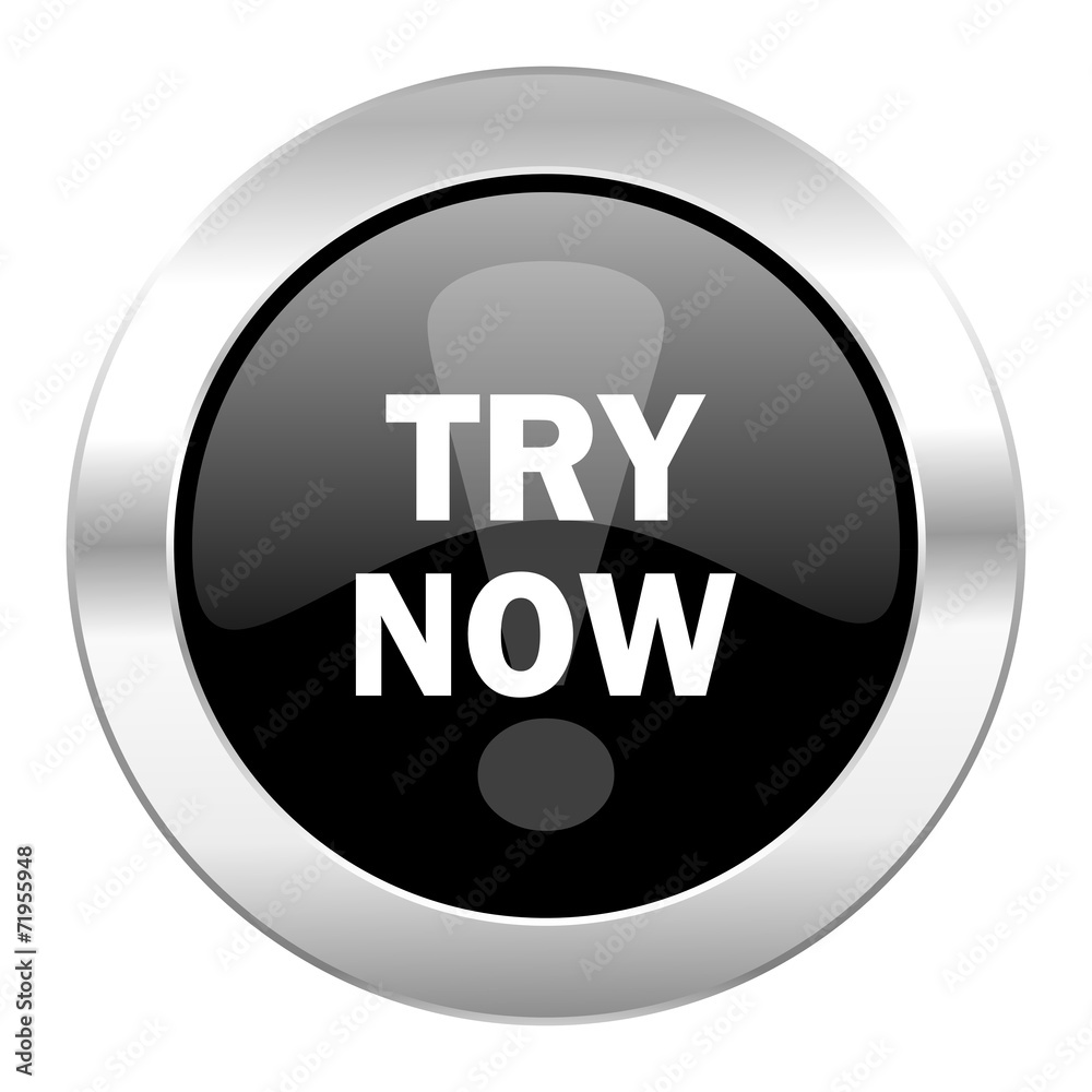 try now black circle glossy chrome icon isolated try now black circle glossy chrome icon isolated