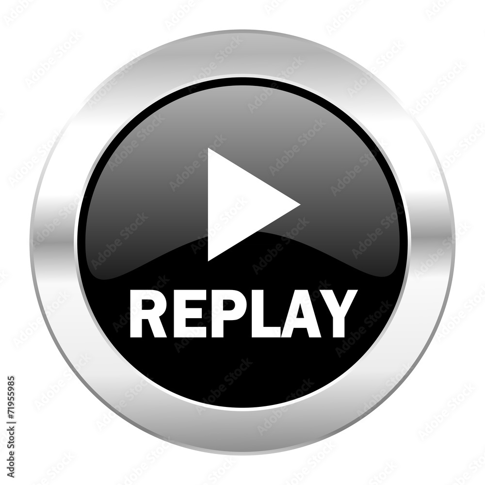 replay black circle glossy chrome icon isolated replay black circle glossy chrome icon isolated