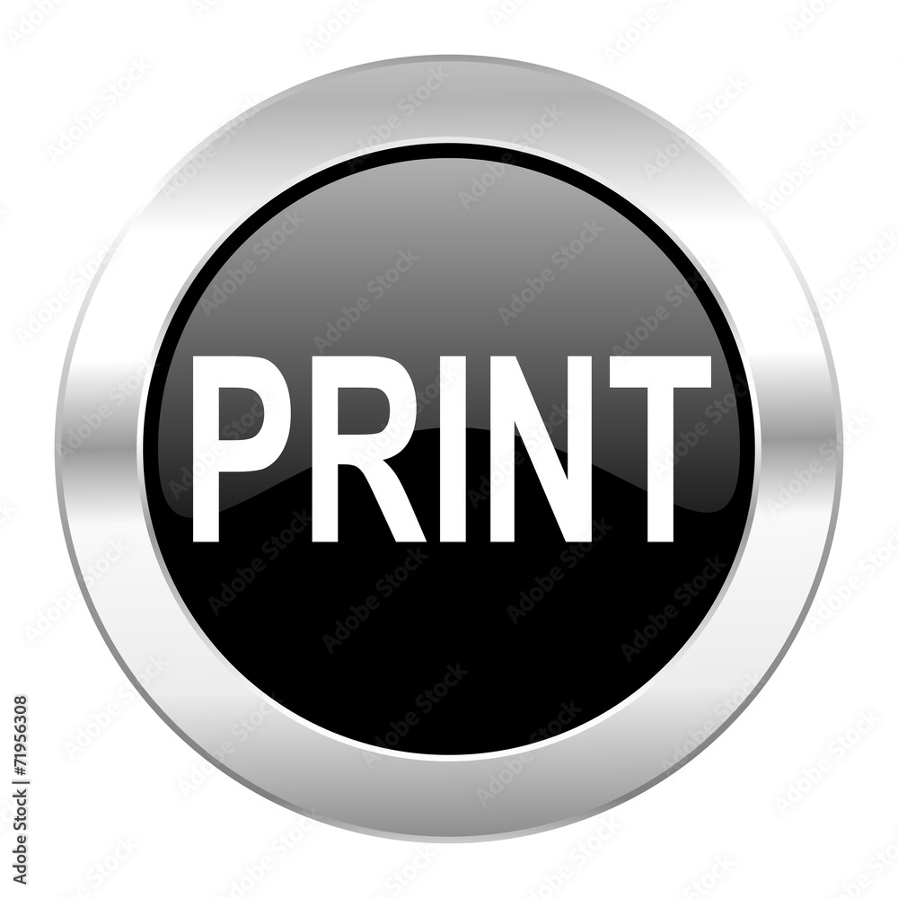 print black circle glossy chrome icon isolated print black circle glossy chrome icon isolated