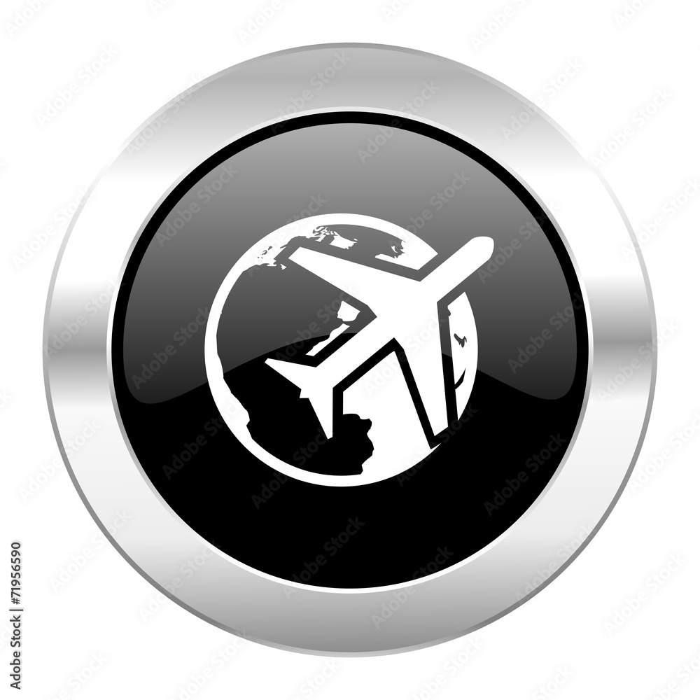 travel black circle glossy chrome icon isolated travel black circle glossy chrome icon isolated