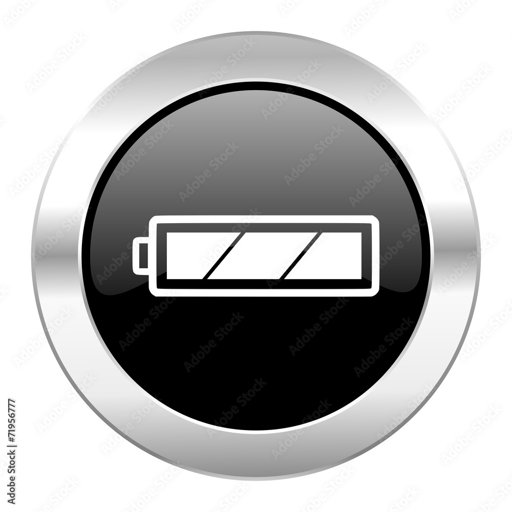 battery black circle glossy chrome icon isolated