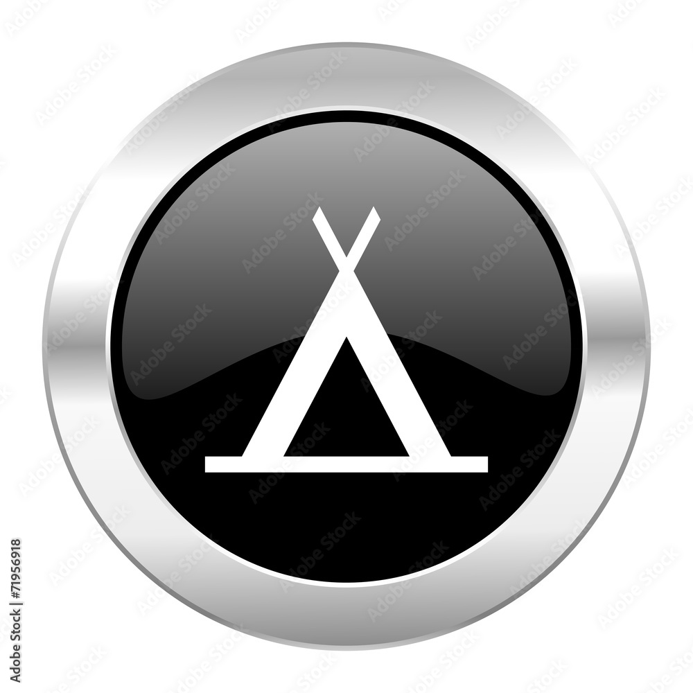 camp black circle glossy chrome icon isolated camp black circle glossy chrome icon isolated