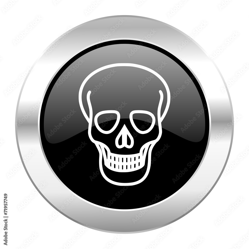 skull black circle glossy chrome icon isolated